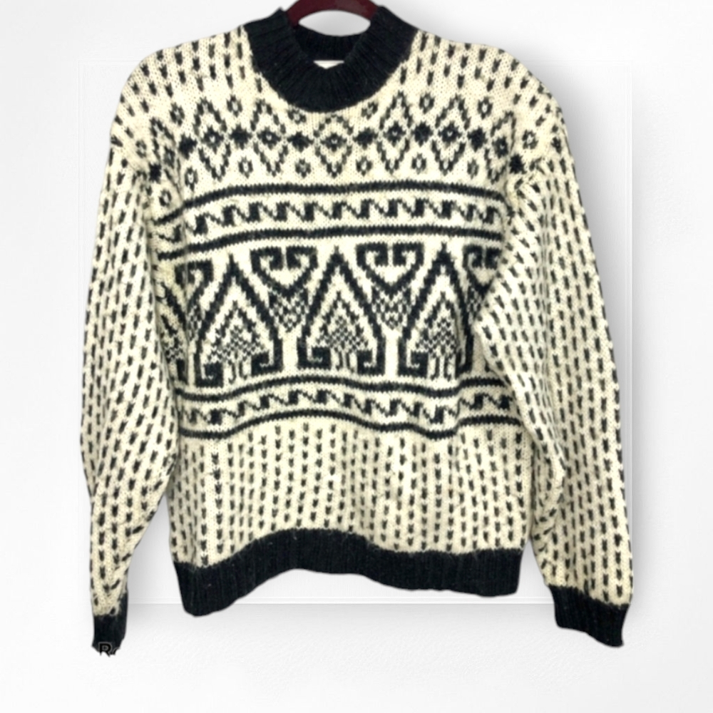 Vintage Sweater Red Sky Chunky Wool Blend Cream Black Pattern Heavy Knit Large